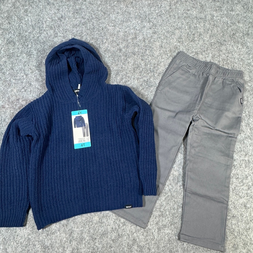 DKNY Kids Navy Blue Ribbed Knit Hoodie and Grey Twill Pants Set 4T NEW